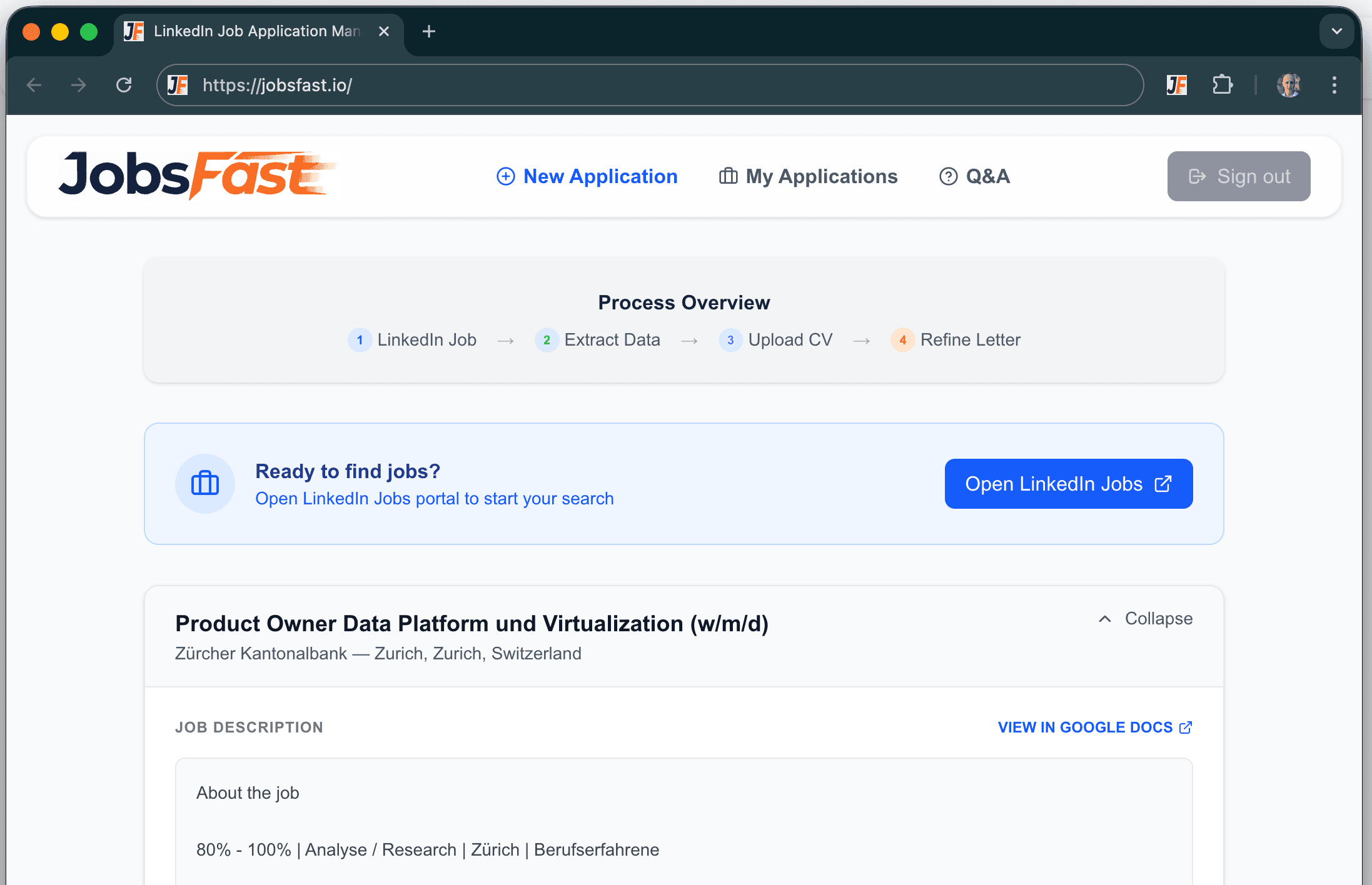 JobsFast Dashboard - AI Analysis and Cover Letter Generation Preview